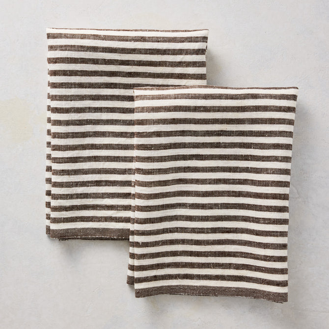 Chocolate Brown Ticking Stripe Linen Hand Towel, Set of 2
