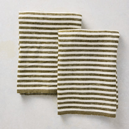 Green Ticking Stripe Linen Linen Hand Towel, Set of 2