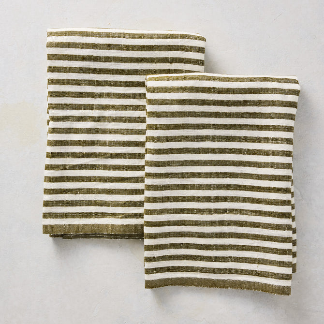 Green Ticking Stripe Linen Linen Hand Towel, Set of 2