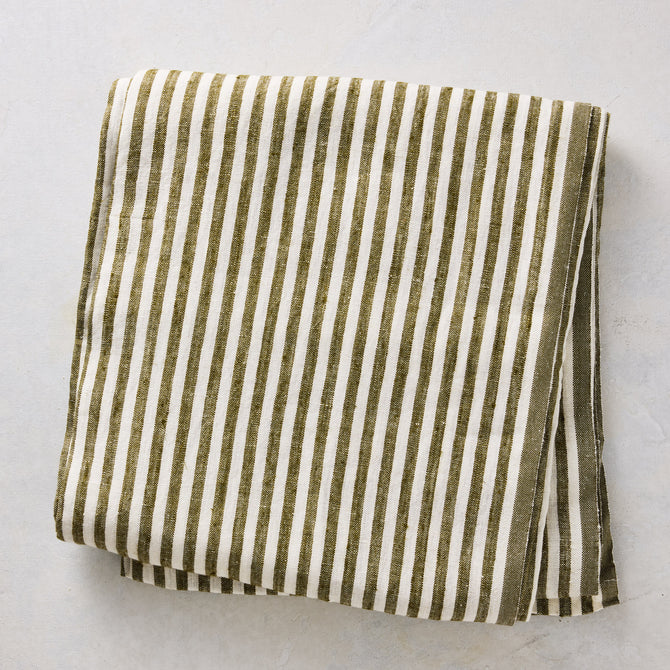 Aloe Green Ticking Stripe Linen Tablecloth