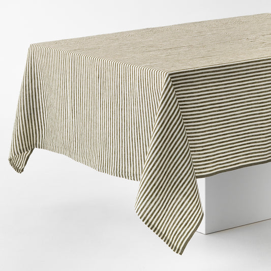 Aloe Green Ticking Stripe Linen Tablecloth
