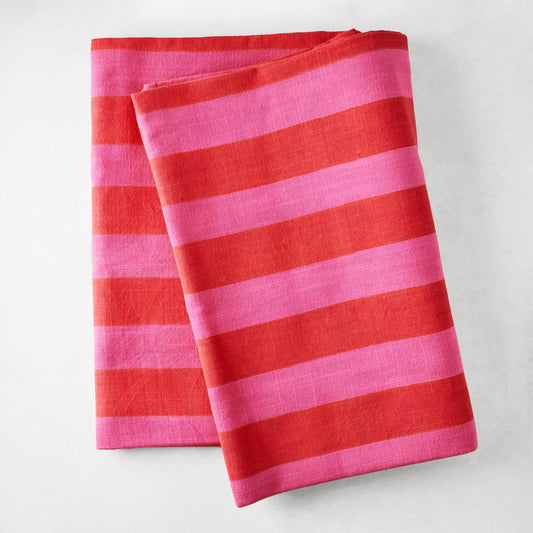 Pink and Orange Tonal Hampton Stripe Cotton Tablecloth