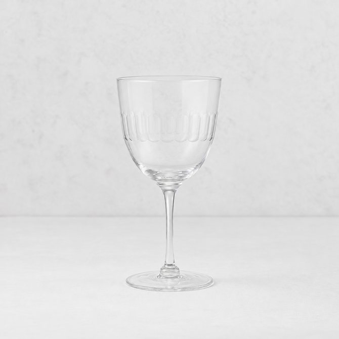 Harrington lead-free crystal red wine glass with a hand-cut oval pattern on a thin, elegant stem.