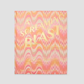 Hardcover book, "A Screaming Blast," with pink, orange, and yellow wavy pattern and gold foil text.