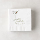 White 3-ply paper cocktail napkins with a martini glass and "a tini bit older" in olive green.