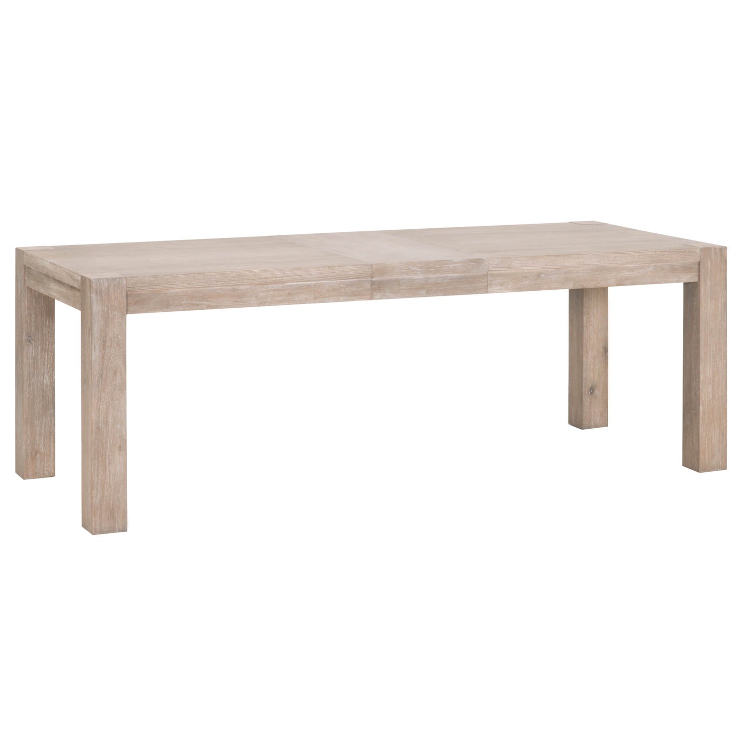 Adler Extension Dining Table in natural gray acacia wood with two leaves, shown extended.