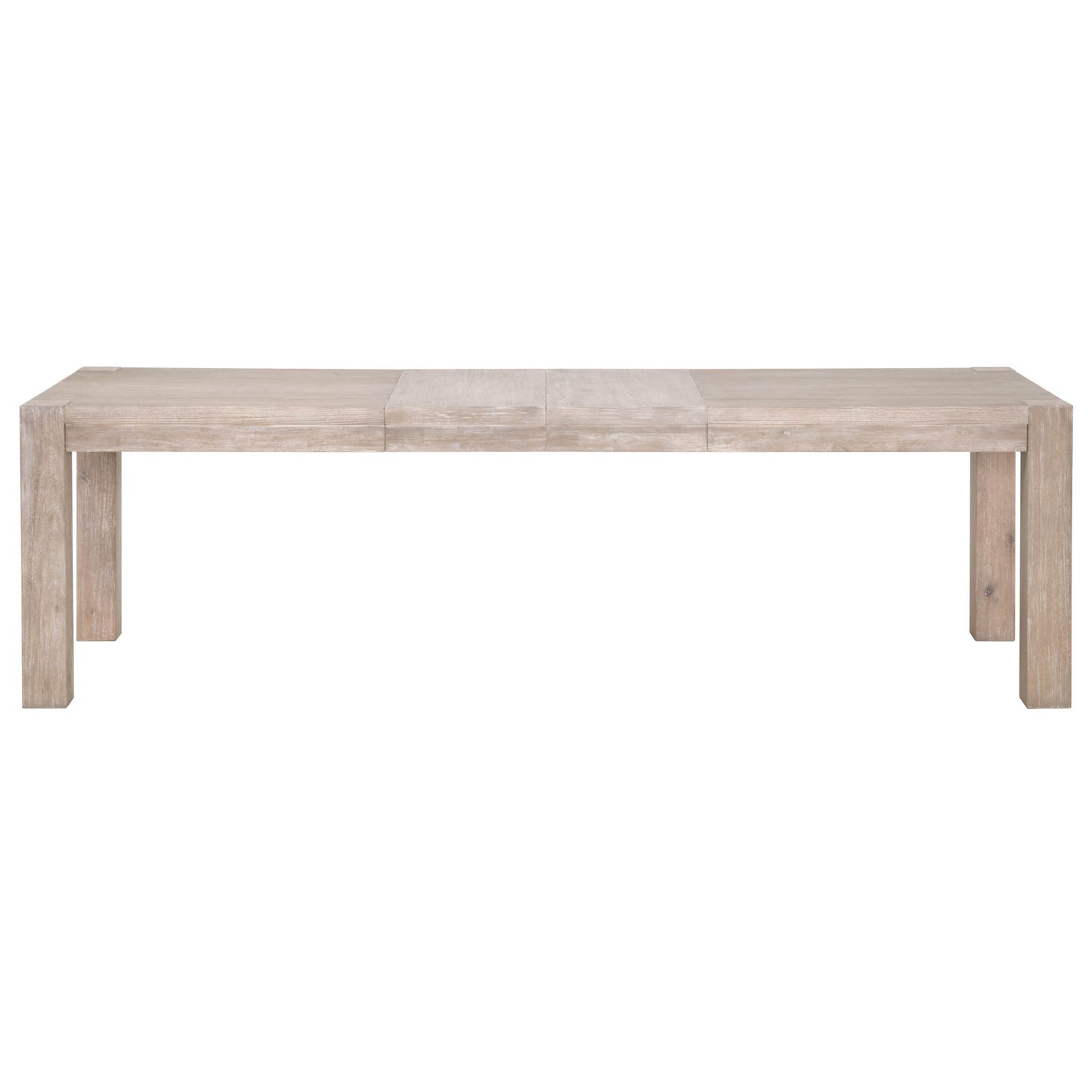 Adler Extension Dining Table in natural gray acacia with two removable leaves.