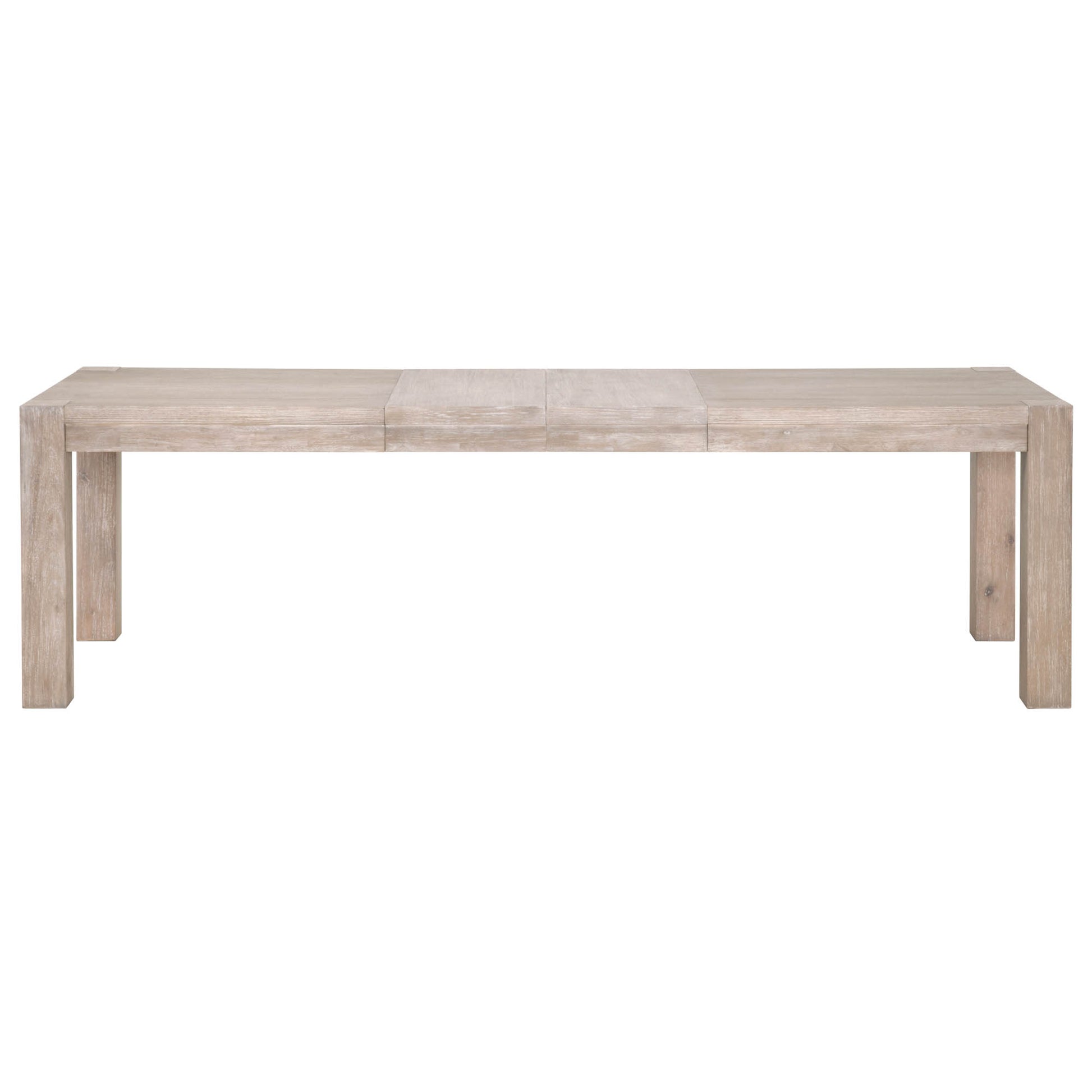 Adler Extension Dining Table in natural gray acacia with two removable leaves.