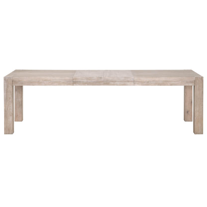 Adler Extension Dining Table in natural gray acacia with two removable leaves.