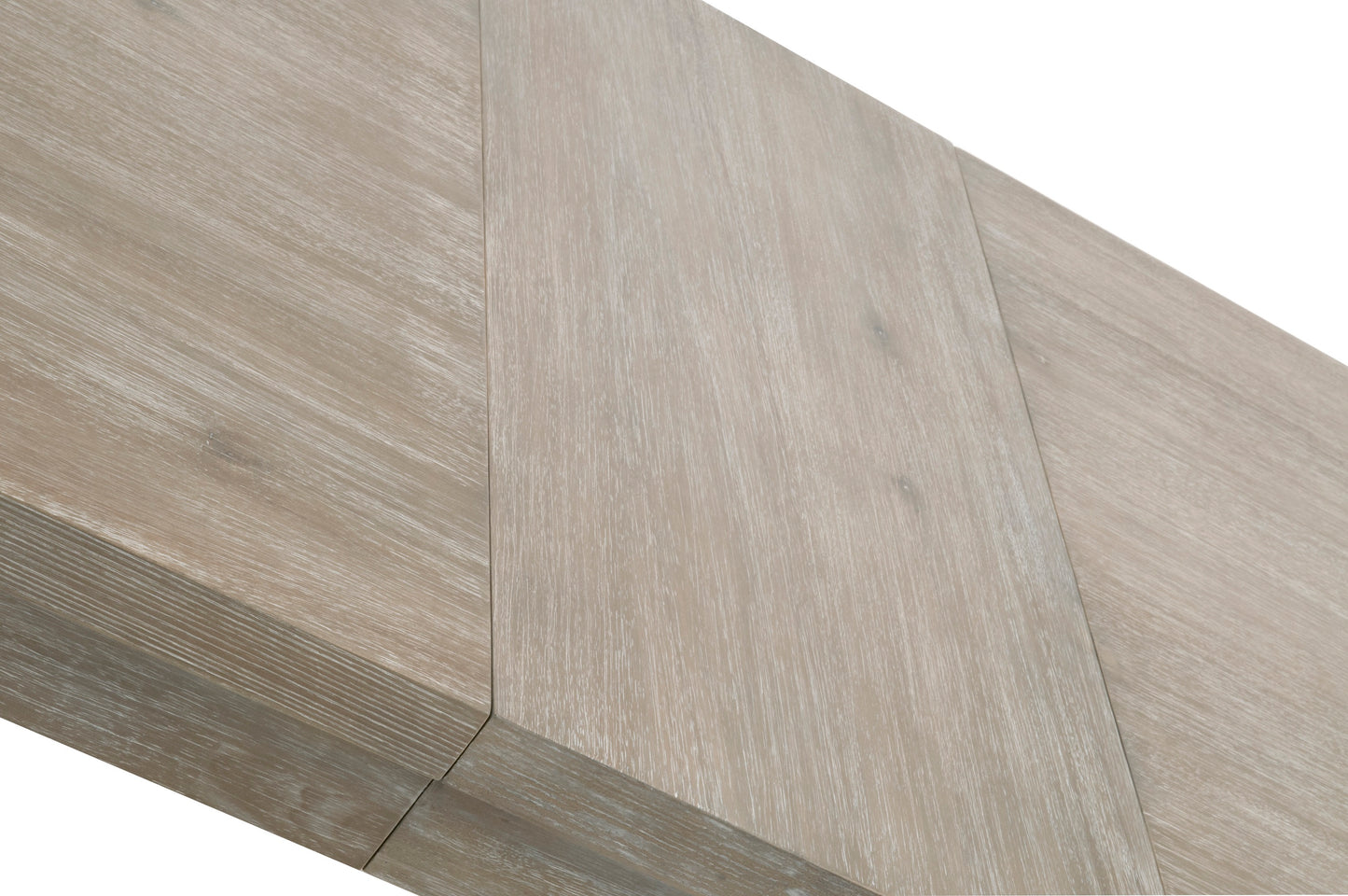 Adler Extension Dining Table top in natural gray acacia wood veneer, showing two removable leaves.