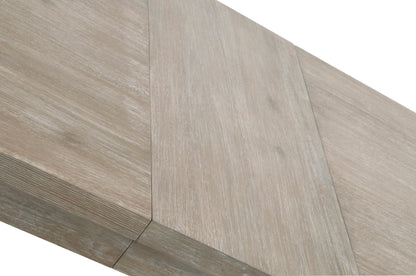 Adler Extension Dining Table top in natural gray acacia wood veneer, showing two removable leaves.