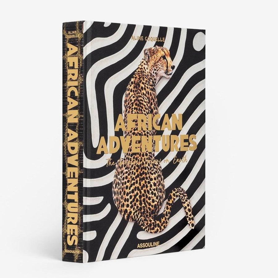 African Adventures silk hardcover book with a cheetah on a black and white striped cover.