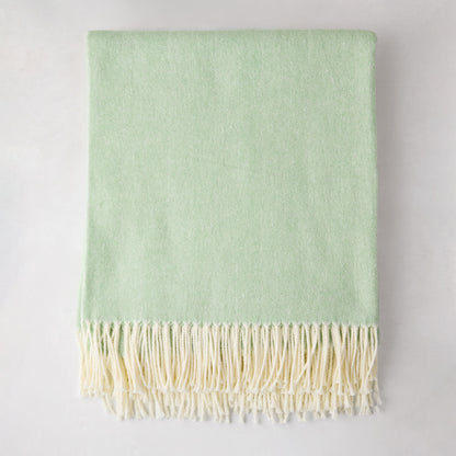 Agave Green Italian Herringbone Throw Blanket, 51"x67", cotton-acrylic blend, with cream fringe.