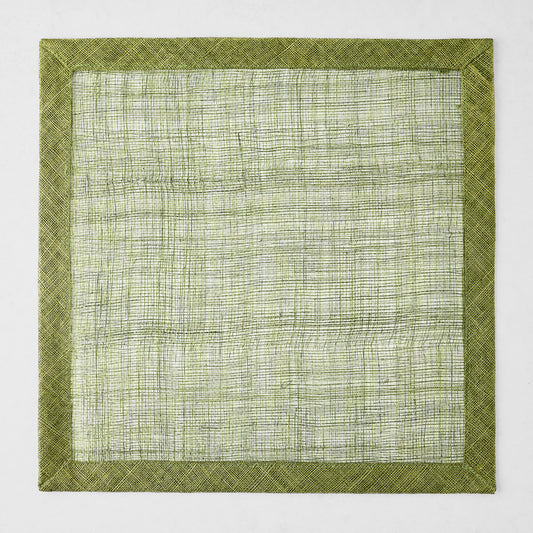 Aloe green square placemat made of woven abaca fibers with a solid tonal border.