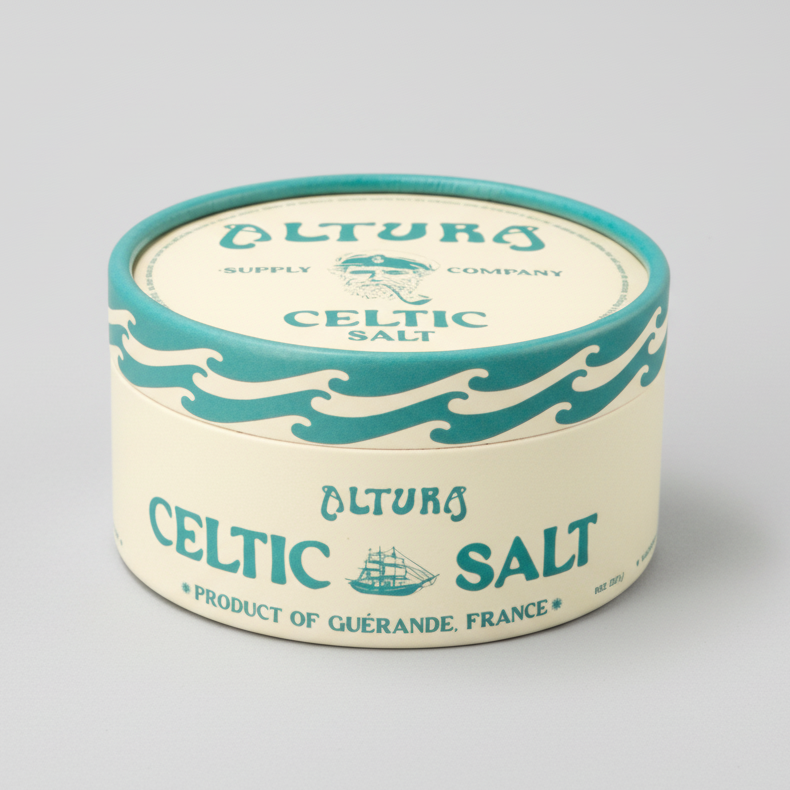 Altura Celtic Salt in a round, cream-colored container with teal wave patterns and text.