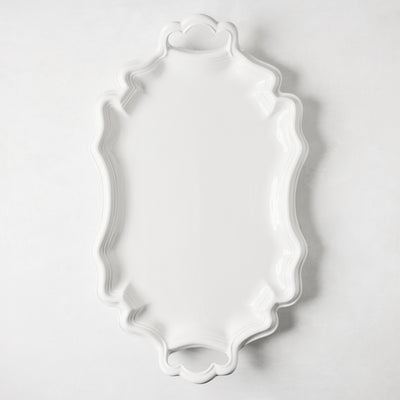 Amalfi white ceramic serving platter with scalloped edges and integrated handles.