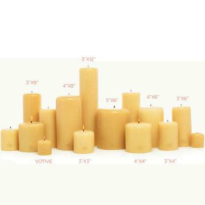 HG Amber Unscented Pillar Candle, 3"x12", hand-dipped paraffin, with gold HG logo.