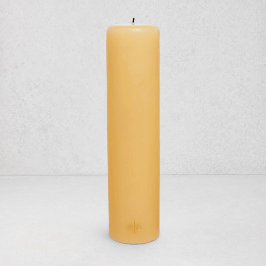 HG Amber Unscented Pillar Candle, 3"x12" paraffin, hand-dipped, with gold HG logo.