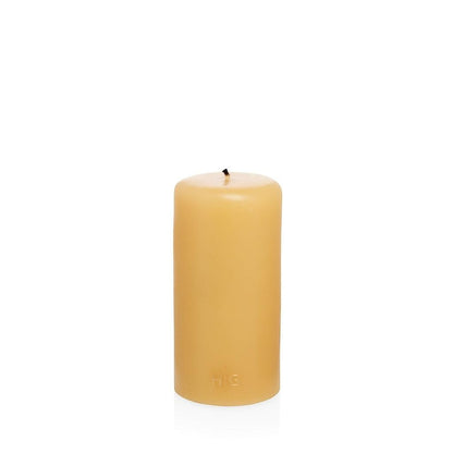 HG Amber Unscented Pillar Candle, 3"x6", natural paraffin, hand-embossed gold HG logo.