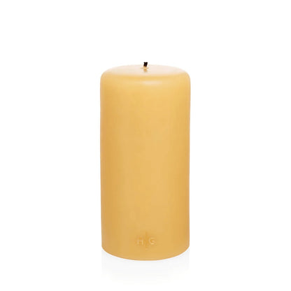 HG Amber Unscented Pillar Candle, 4"x8" paraffin with gold HG logo, oversized cotton wick.