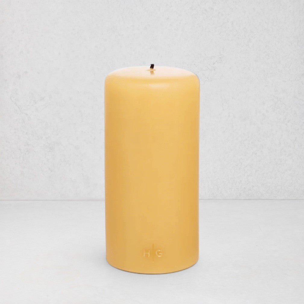 HG Amber Unscented Pillar Candle, 4"x8" paraffin with gold HG logo, oversized cotton wick.