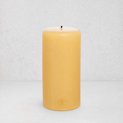 HG Amber Unscented Pillar Candle, 4"x8" paraffin with gold HG logo, oversized cotton wick.