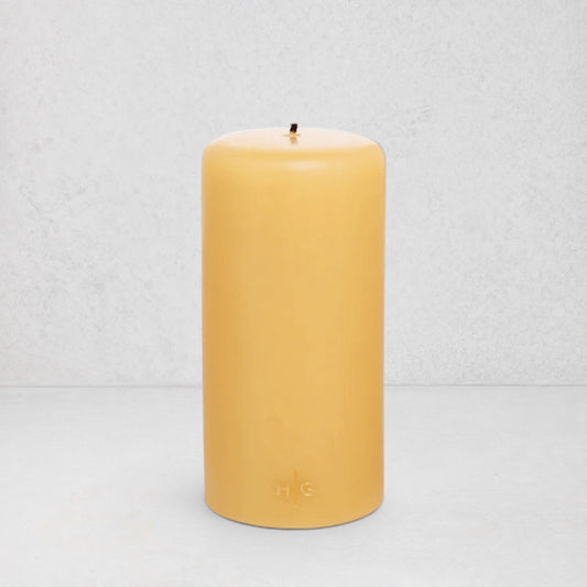 HG Amber Unscented Pillar Candle, 4"x8" paraffin with gold HG logo, oversized cotton wick.