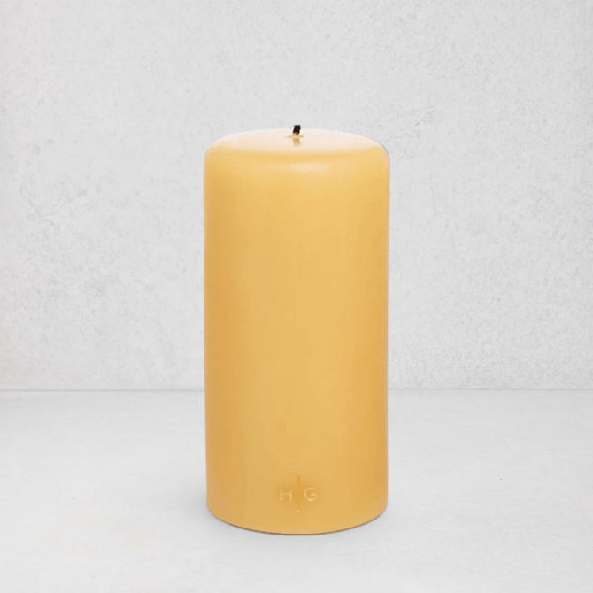 HG Amber Unscented Pillar Candle, 4"x8" paraffin with gold HG logo, oversized cotton wick.