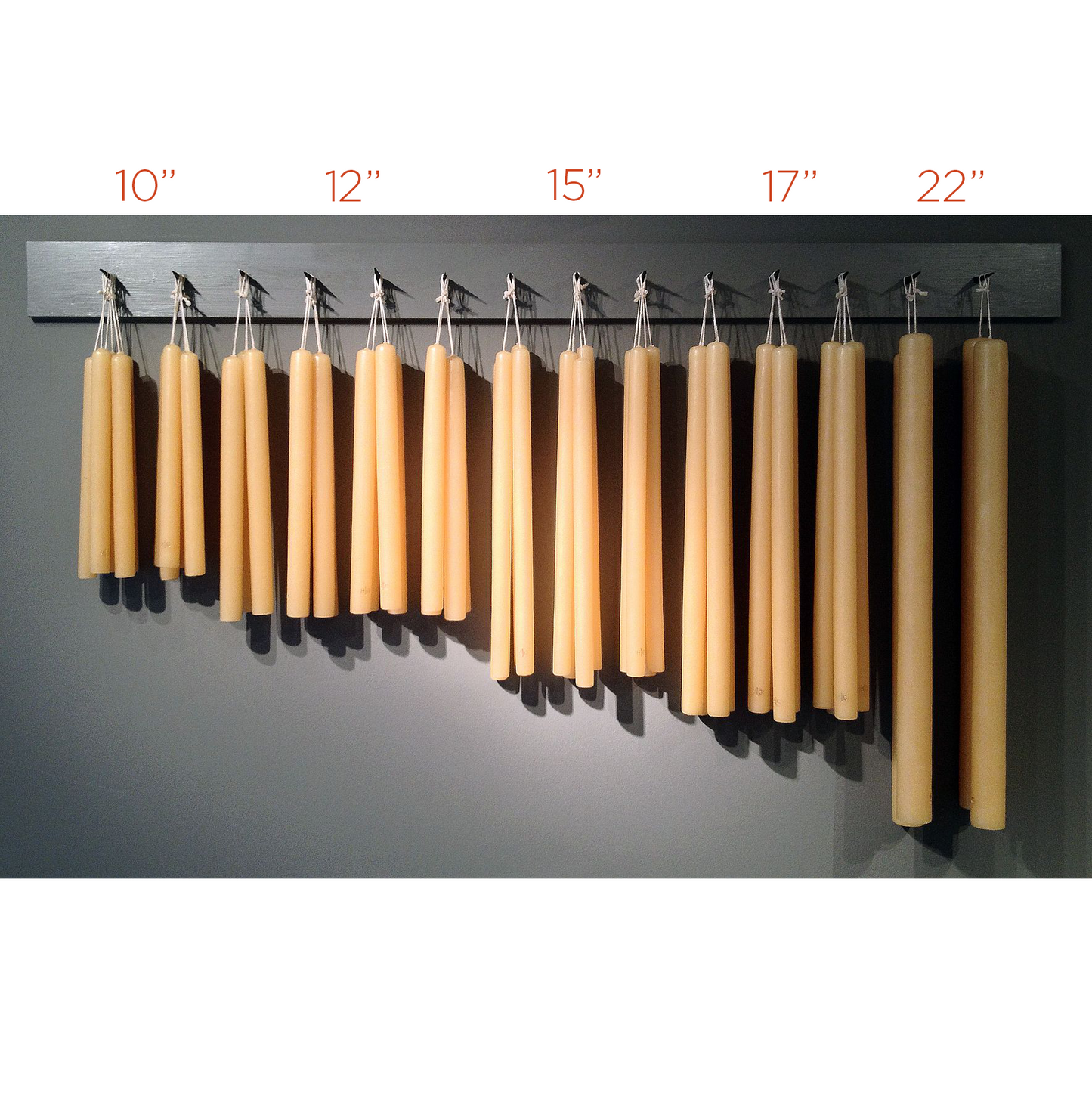 Set of 5 HG Amber Unscented 15" Taper Candles, hand-dipped paraffin with natural tree resin color.