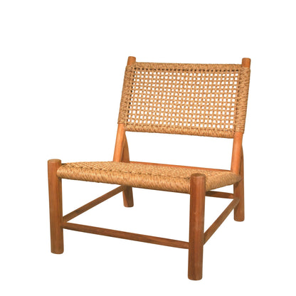 Andrea Woven Teak Wood Lounge Chair with natural synthetic fiber seat and back.