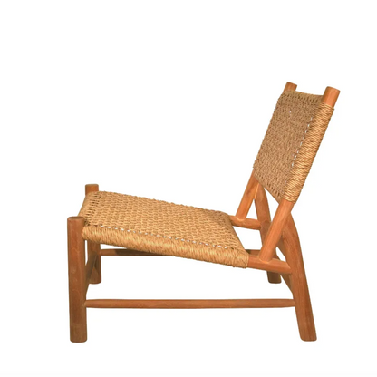 Andrea Woven Teak Wood Lounge Chair with light brown synthetic fiber seat and back.