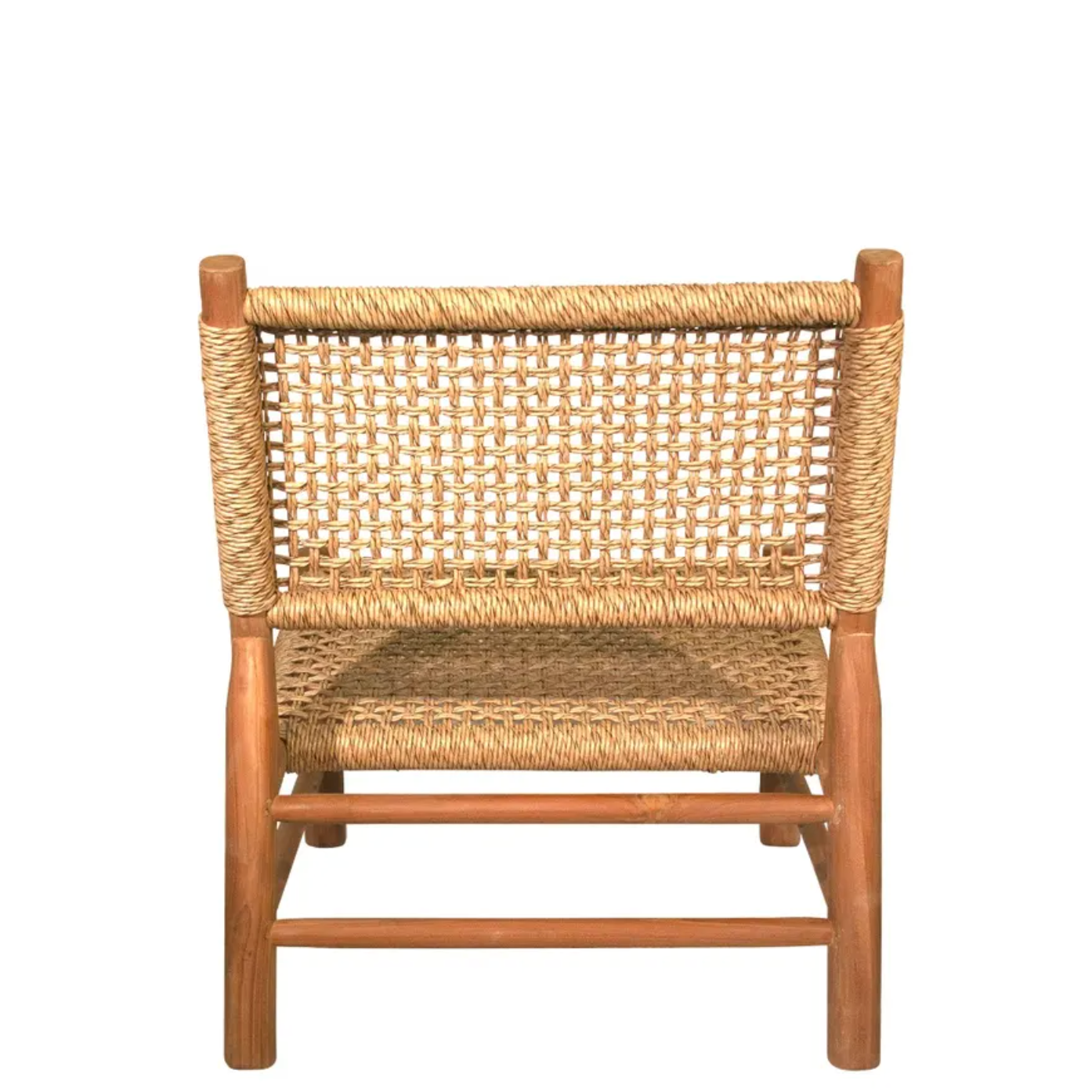 Andrea Woven Teak Wood Lounge Chair with natural synthetic fiber seat and back.