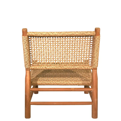 Andrea Woven Teak Wood Lounge Chair with natural synthetic fiber seat and back.