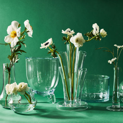 Angelina Small Scissor-Cut Glass Vase, clear, handmade, with stair-step fluted tubes and circular base.
