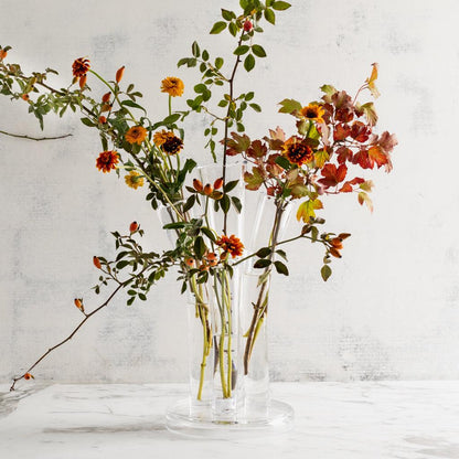 Angelina Small Scissor-Cut Glass Vase, clear, handmade, with stair-step fluted tubes and seasonal stems.