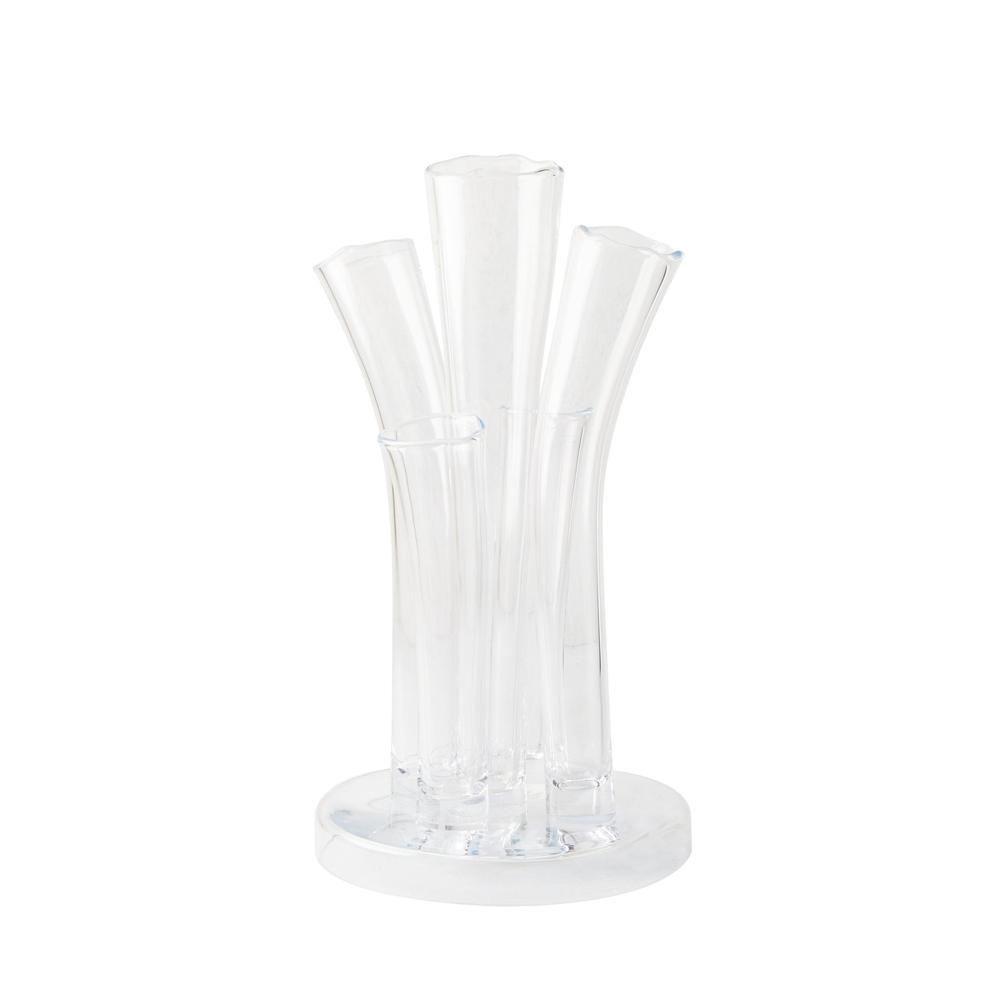 Angelina Small Scissor-Cut Glass Vase, clear, handmade, with stair-step fluted tubes on a circular base.