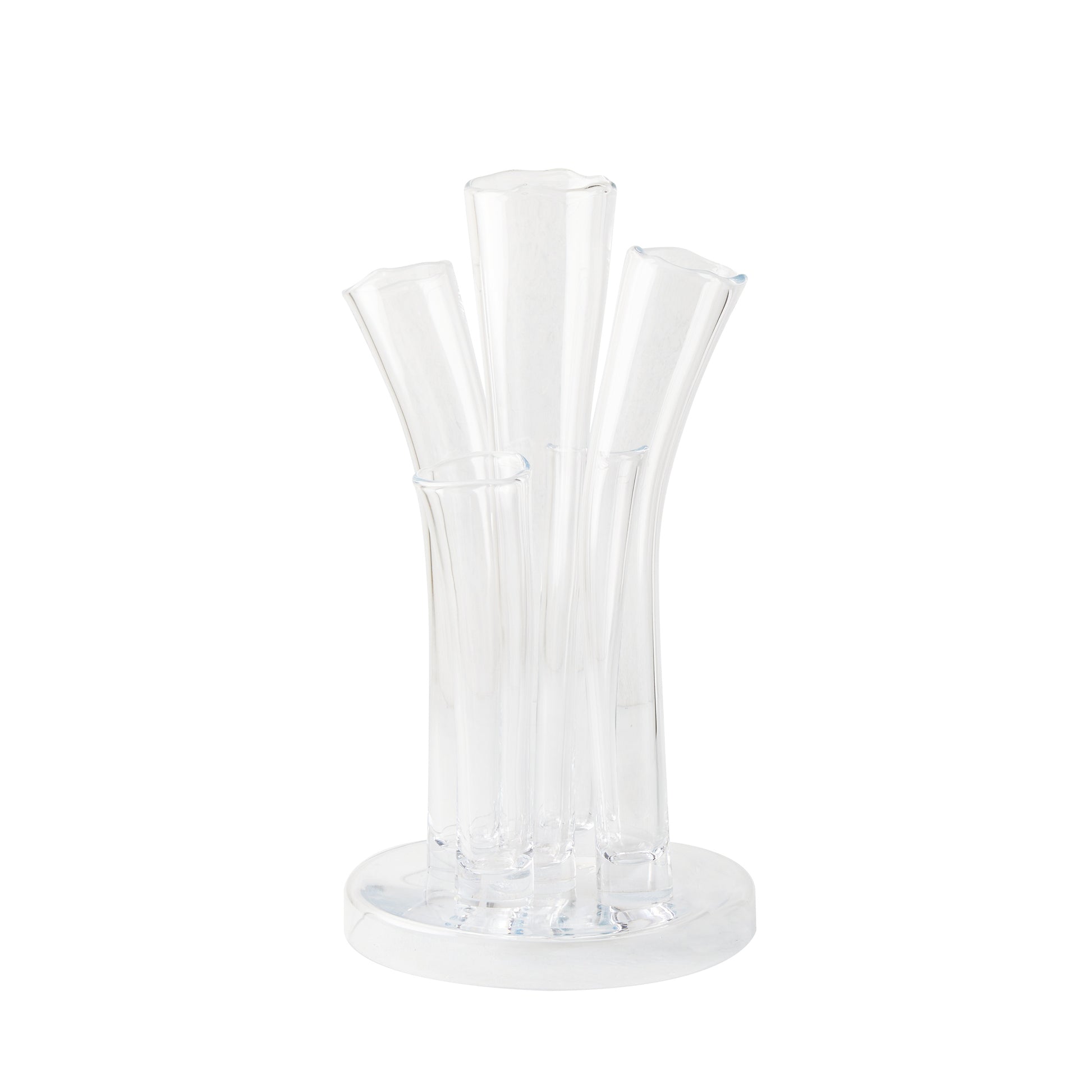 Angelina Small Scissor-Cut Glass Vase, clear, handmade, with stair-step fluted tubes on a circular base.
