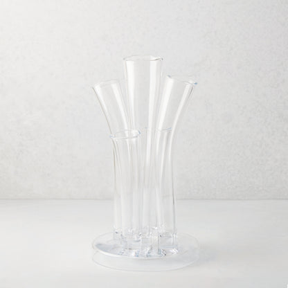 Angelina Small Scissor-Cut Glass Vase: Clear, handmade, thick glass vase with stair-step fluted tubes on a circular base.