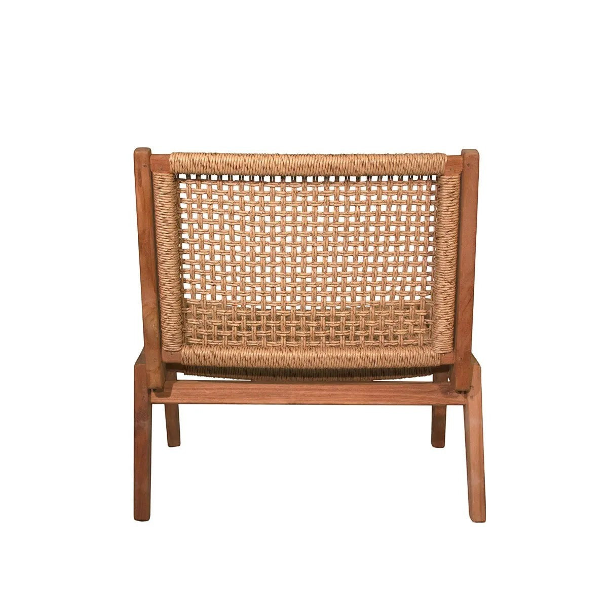 Anne Lounge Chair, modern low-scale design with solid reclaimed teak frame and woven synthetic fiber back.