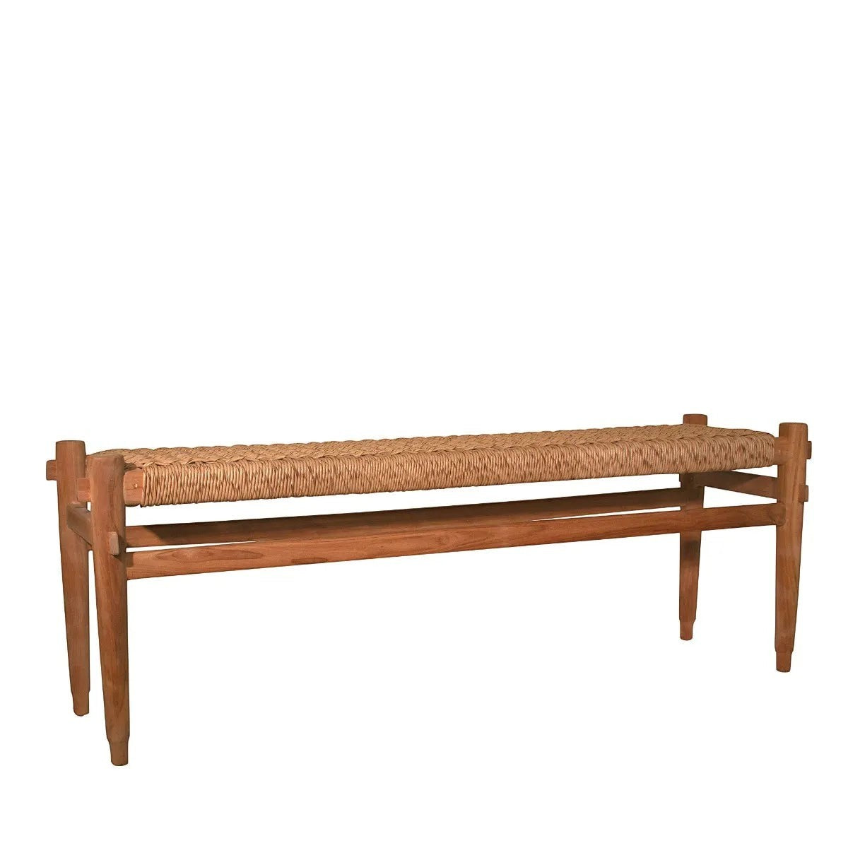 Anne Woven Bench: Teak wood frame with handwoven natural synthetic fiber seat, 52"L.