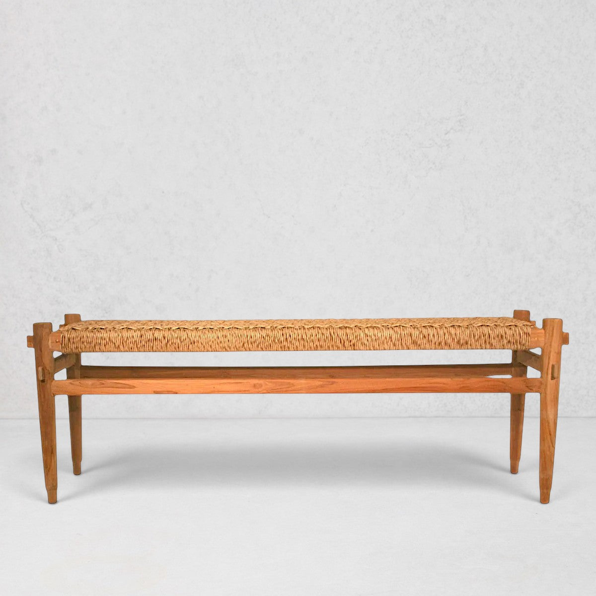 Anne Woven Bench, natural teak wood frame with handwoven synthetic fiber seat, 52"L.