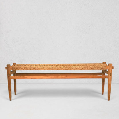 Anne Woven Bench, natural teak wood frame with handwoven synthetic fiber seat, 52"L.