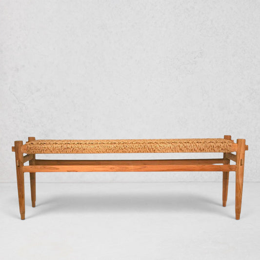 Anne Woven Bench, natural teak wood frame with handwoven synthetic fiber seat, 52"L.