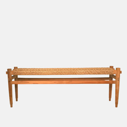 Anne Woven Bench, natural teak wood frame with handwoven synthetic fiber seat, 52"L.