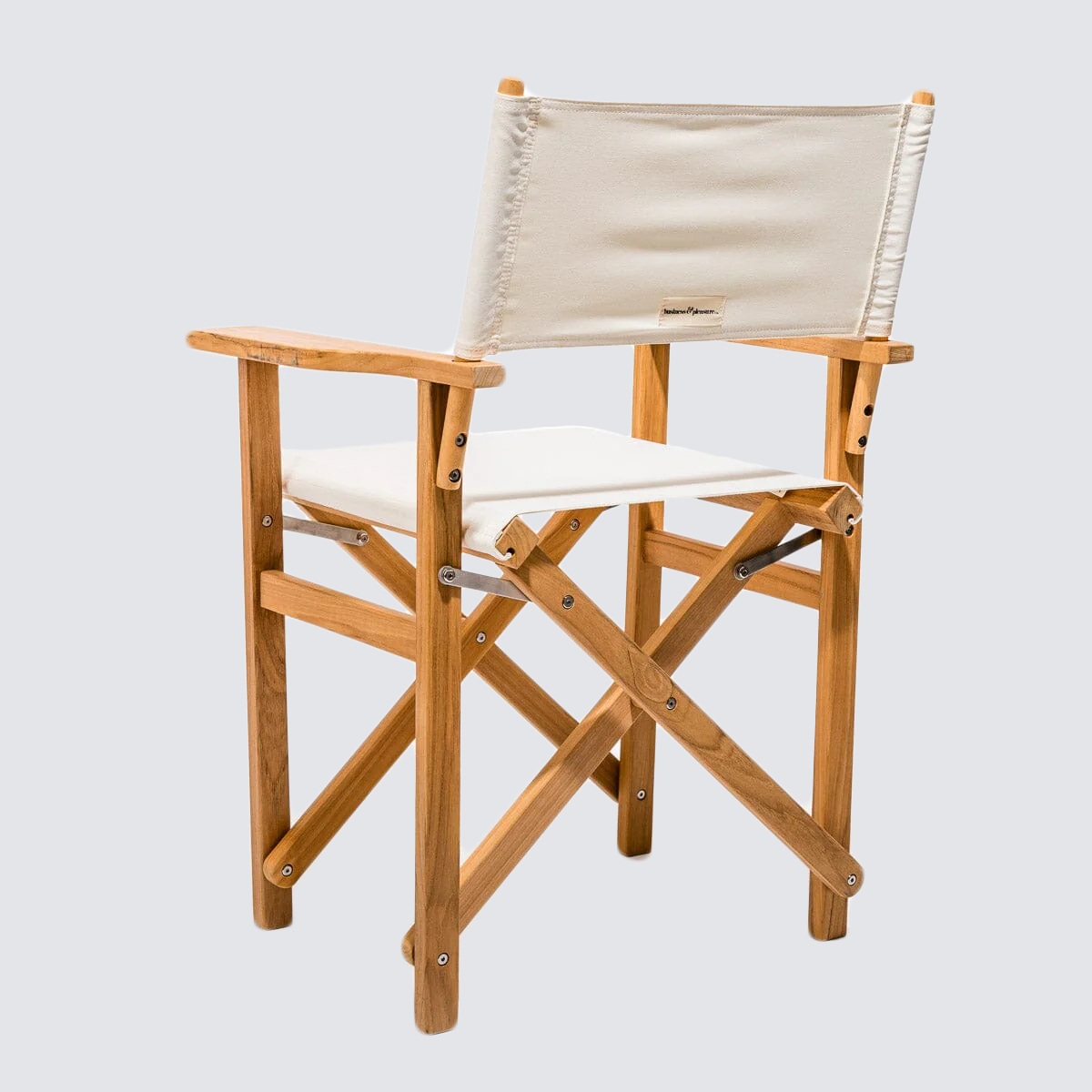 Antique White Directors Chair with natural teakwood frame and off-white outdoor fabric.