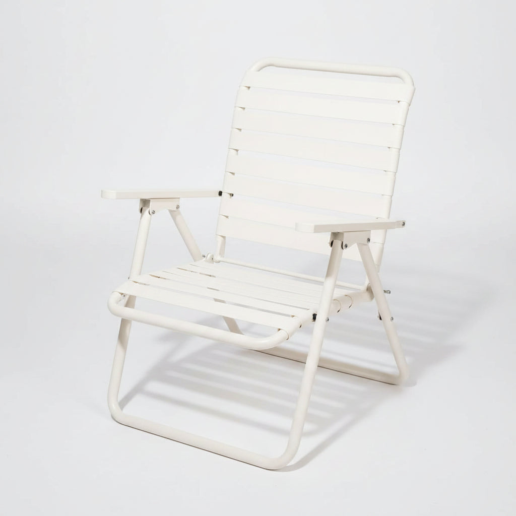 Antique White Sunliner Camp Chair, foldable, powder-coated aluminum frame, PVC with polyester core.