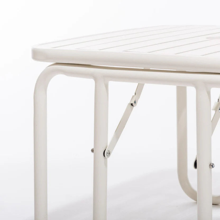 Antique White Sunliner Side Table, foldable powder-coated aluminum, mid-century motel design.