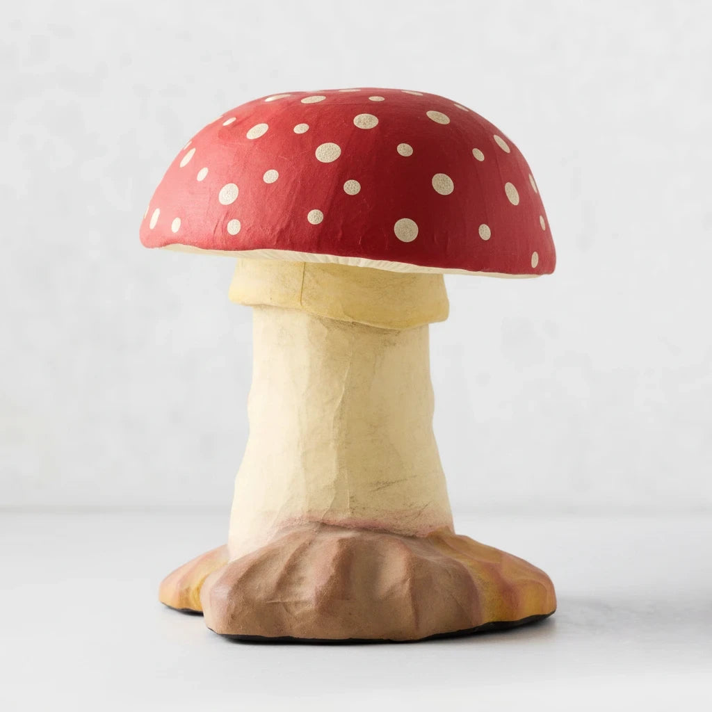 Hudson Grace Apparitional Amanya Muscaria papier-mâché mushroom candy bucket with a distressed red and white cap.