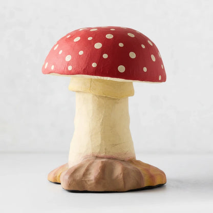 Hudson Grace Apparitional Amanya Muscaria papier-mâché mushroom candy bucket with a distressed red and white cap.
