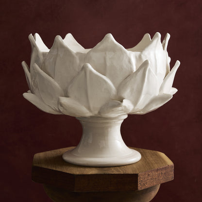 White ceramic artichoke-shaped footed bowl on a wooden pedestal, 14-inch diameter, Italian earthenware.